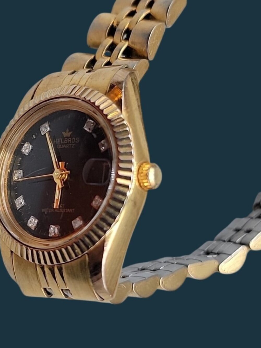 Vintage Helbros Ladies Diamond Accent Quartz Watch Black & Gold Tone 25mm 7" - Picture 4 of 13